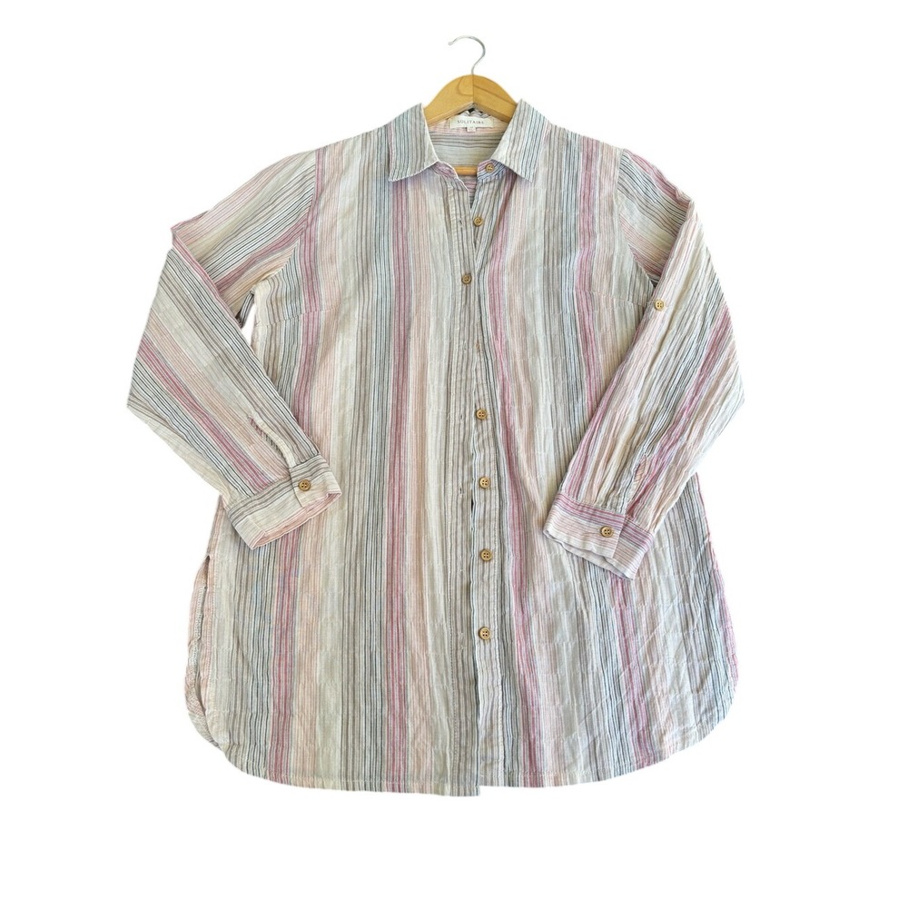 Solitaire 100% Cotton Striped Button Down Women's Size MED Roll Tab Sleeves
